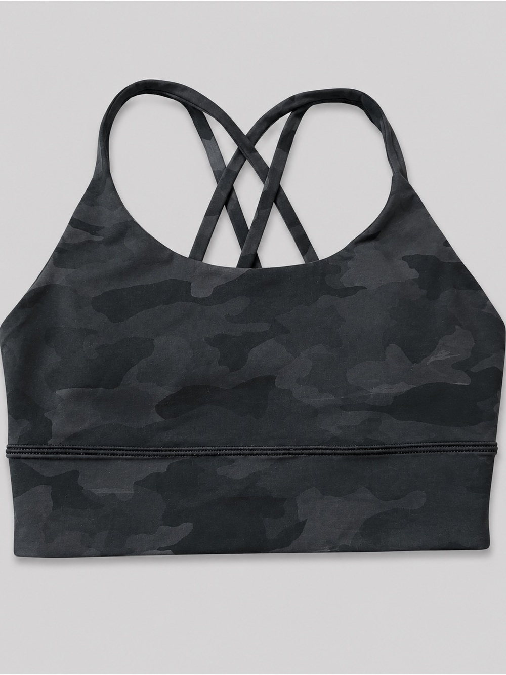 Lululemon Energy Bra Long Line in Incognito Camo Multi Grey (Black Camo), size 4